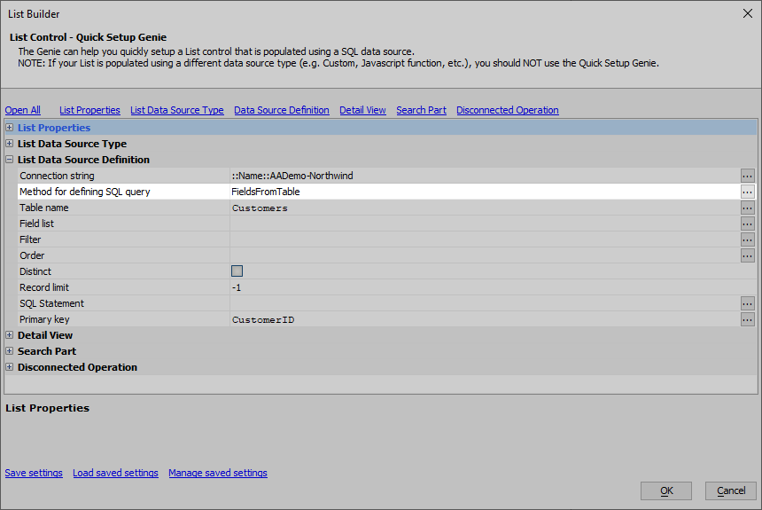 The List will use the "FieldsFromTable" method to query the
database.